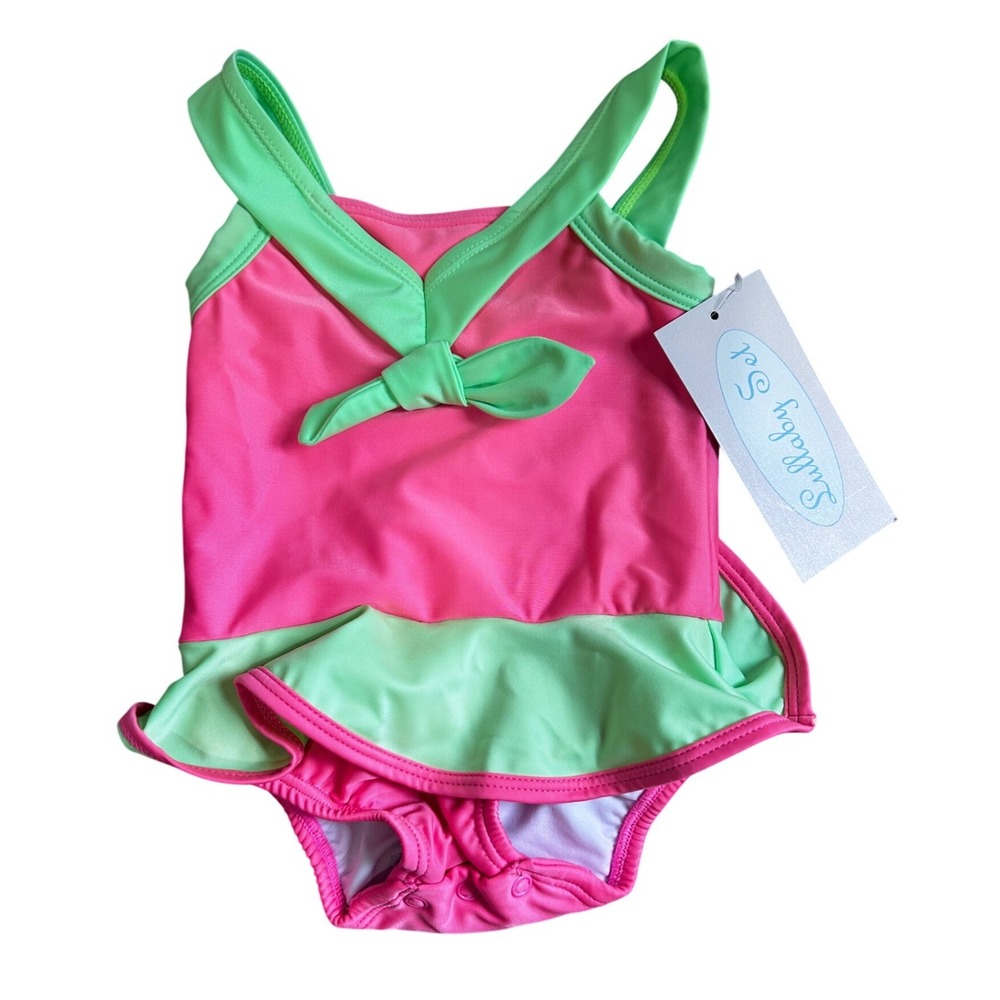 Lullaby Set Baby‎ Girls Pink Lime Green Skirted One Piece Swimsuit Snap Bot 12M